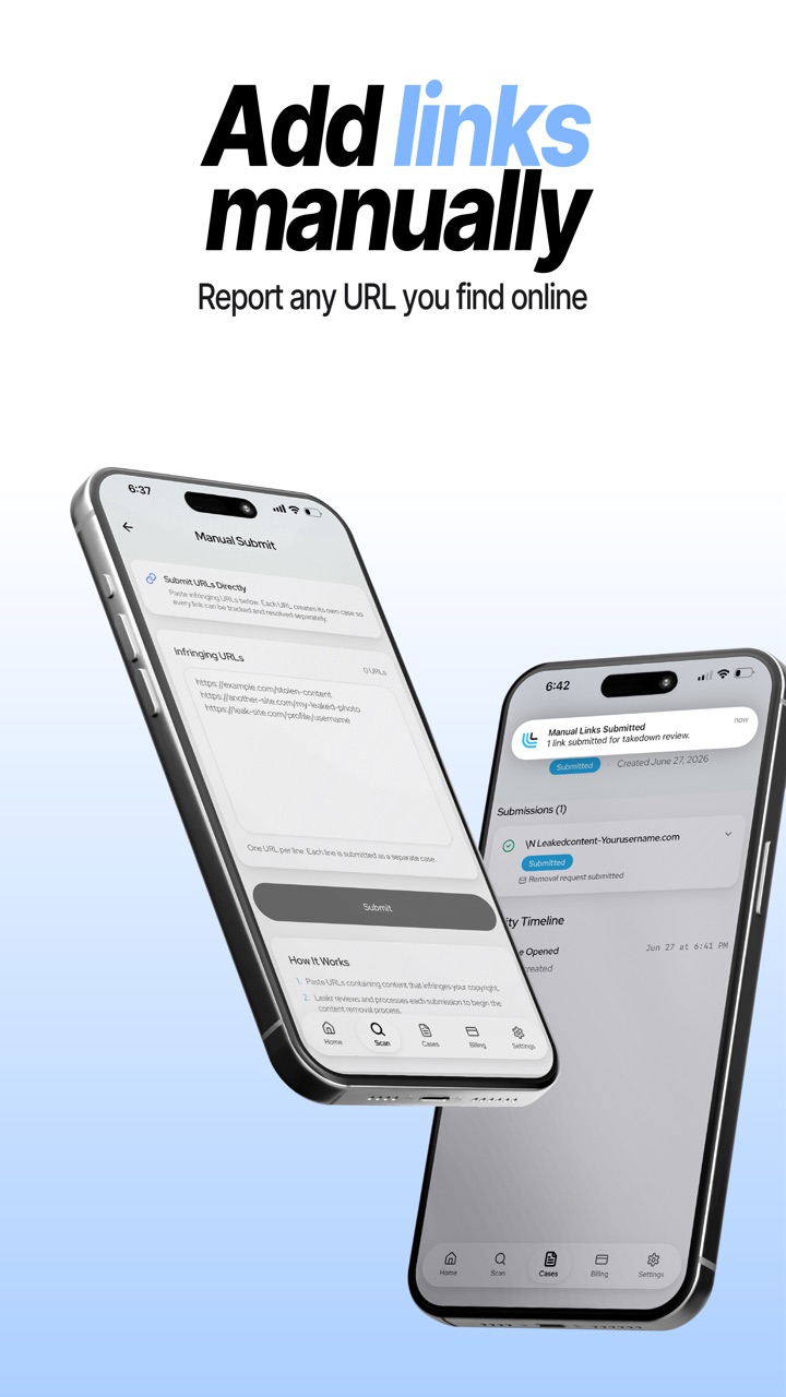 Pantalla para enviar manualmente enlaces infractores